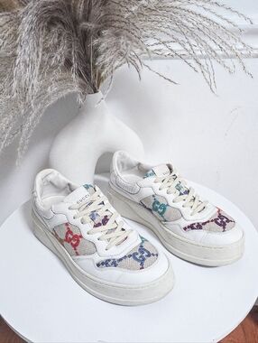 Gucci GG logo leather and embroidered canvas platform sneakers Size 39.5
